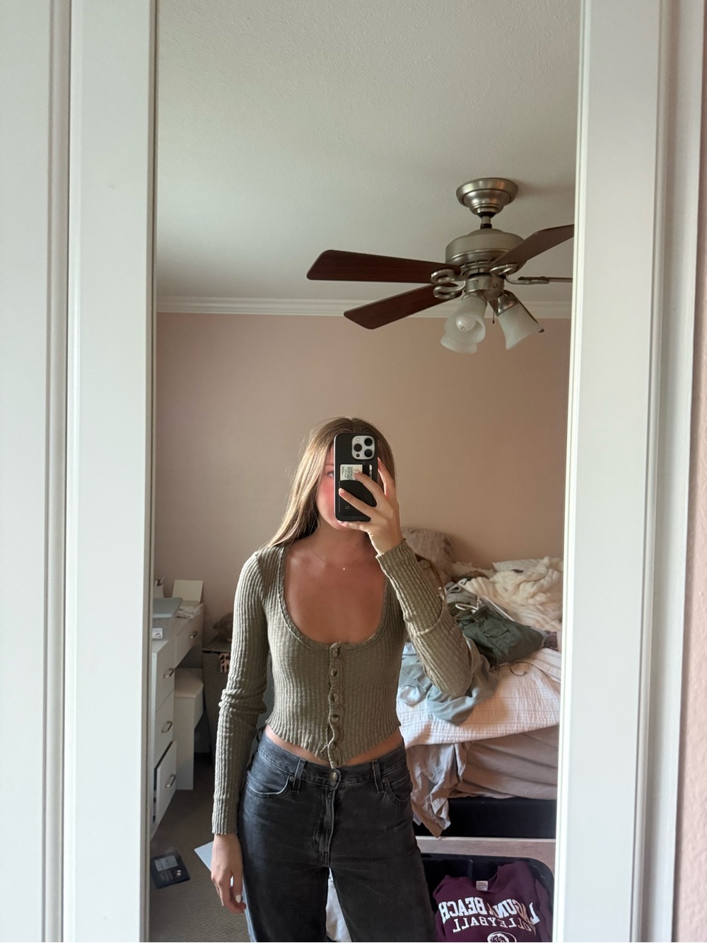 Urban Outfitters Olive Ribbed Scoop-Button Crop Top